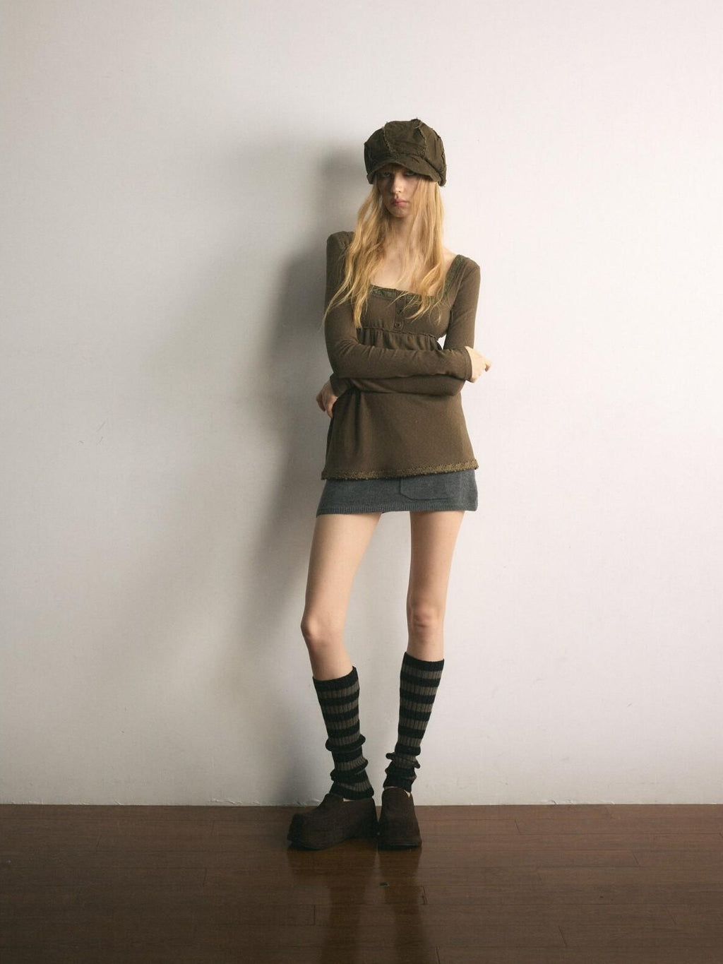 UNIVERSE Tone On Tone Knit Square Neck Slim Women's Cotton Long Sleeve T-shirts