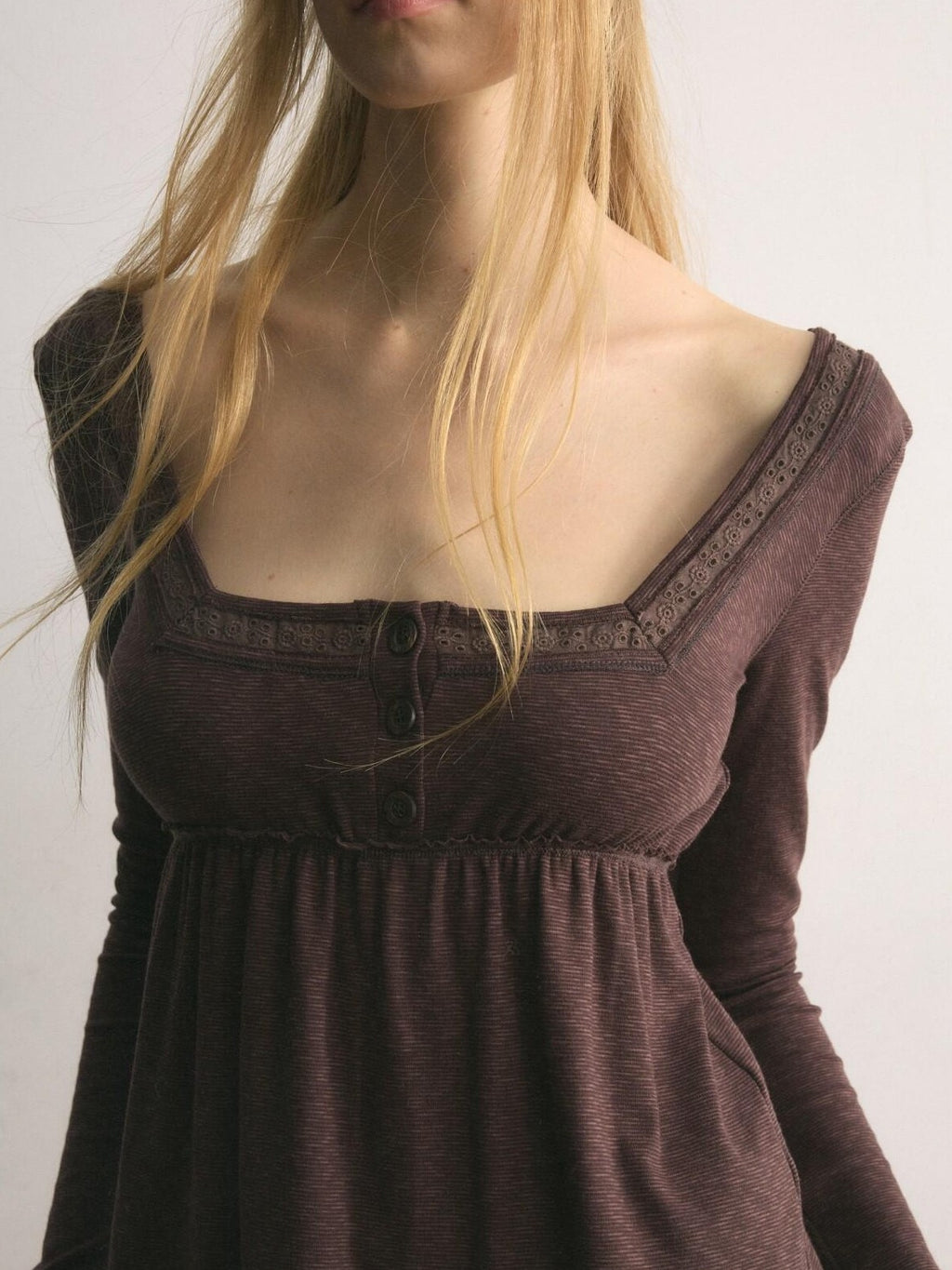UNIVERSE Tone On Tone Knit Square Neck Slim Women's Cotton Long Sleeve T-shirts