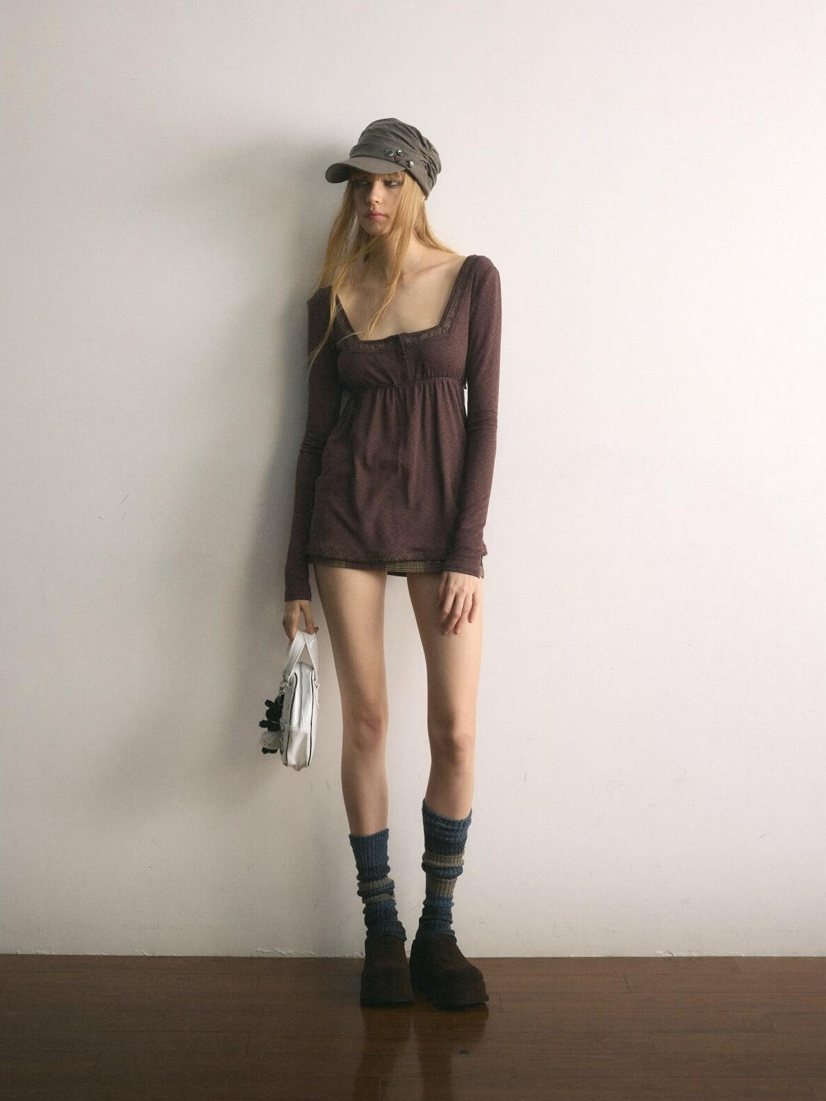 UNIVERSE Tone On Tone Knit Square Neck Slim Women's Cotton Long Sleeve T-shirts