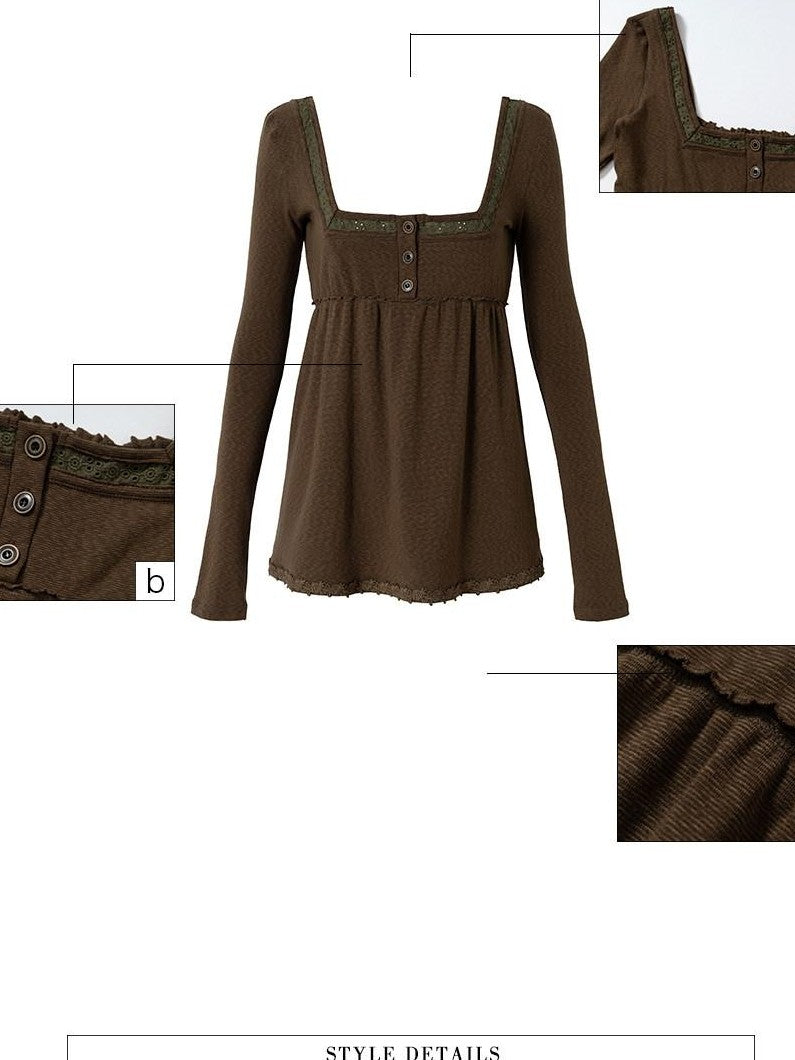 UNIVERSE Tone On Tone Knit Square Neck Slim Women's Cotton Long Sleeve T-shirts