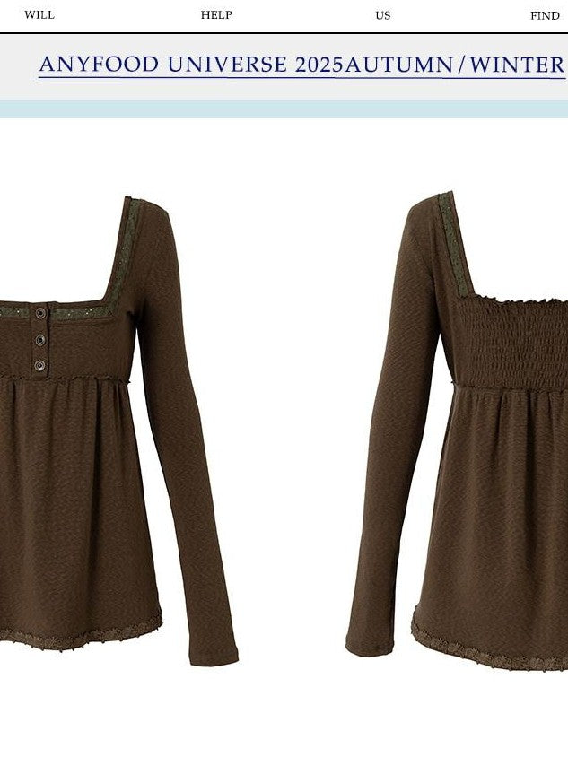 UNIVERSE Tone On Tone Knit Square Neck Slim Women's Cotton Long Sleeve T-shirts