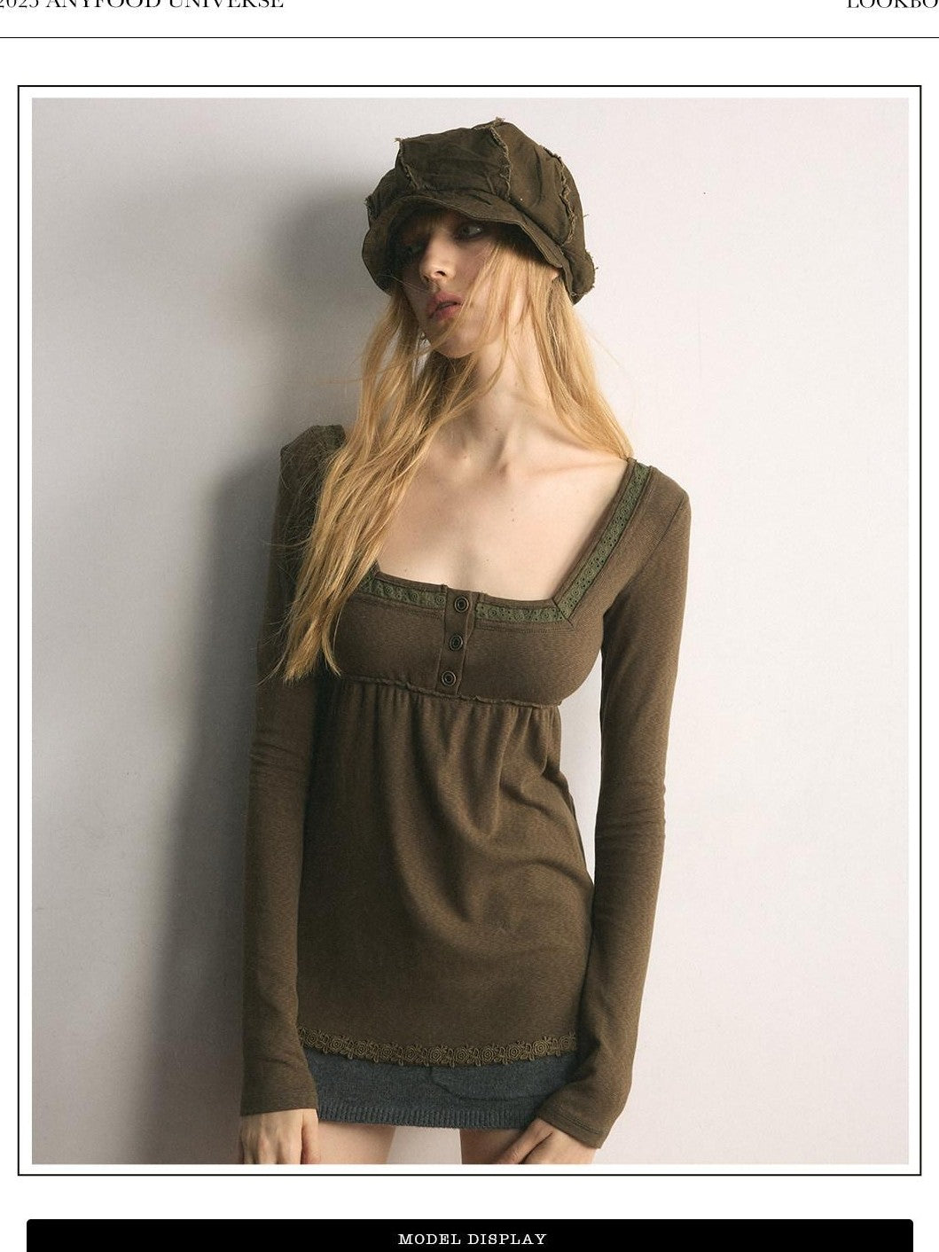 UNIVERSE Tone On Tone Knit Square Neck Slim Women's Cotton Long Sleeve T-shirts
