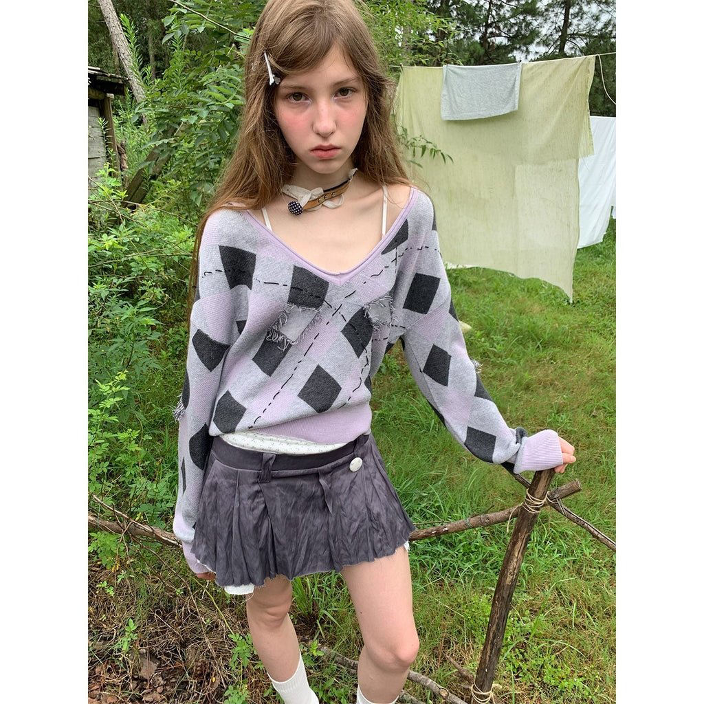 UNIVERSE_V-neck_Distressed_Fringed_Argyle_Color_Block_Women's_Wool_Blend_Sweaters_1079778077615_MISSTT