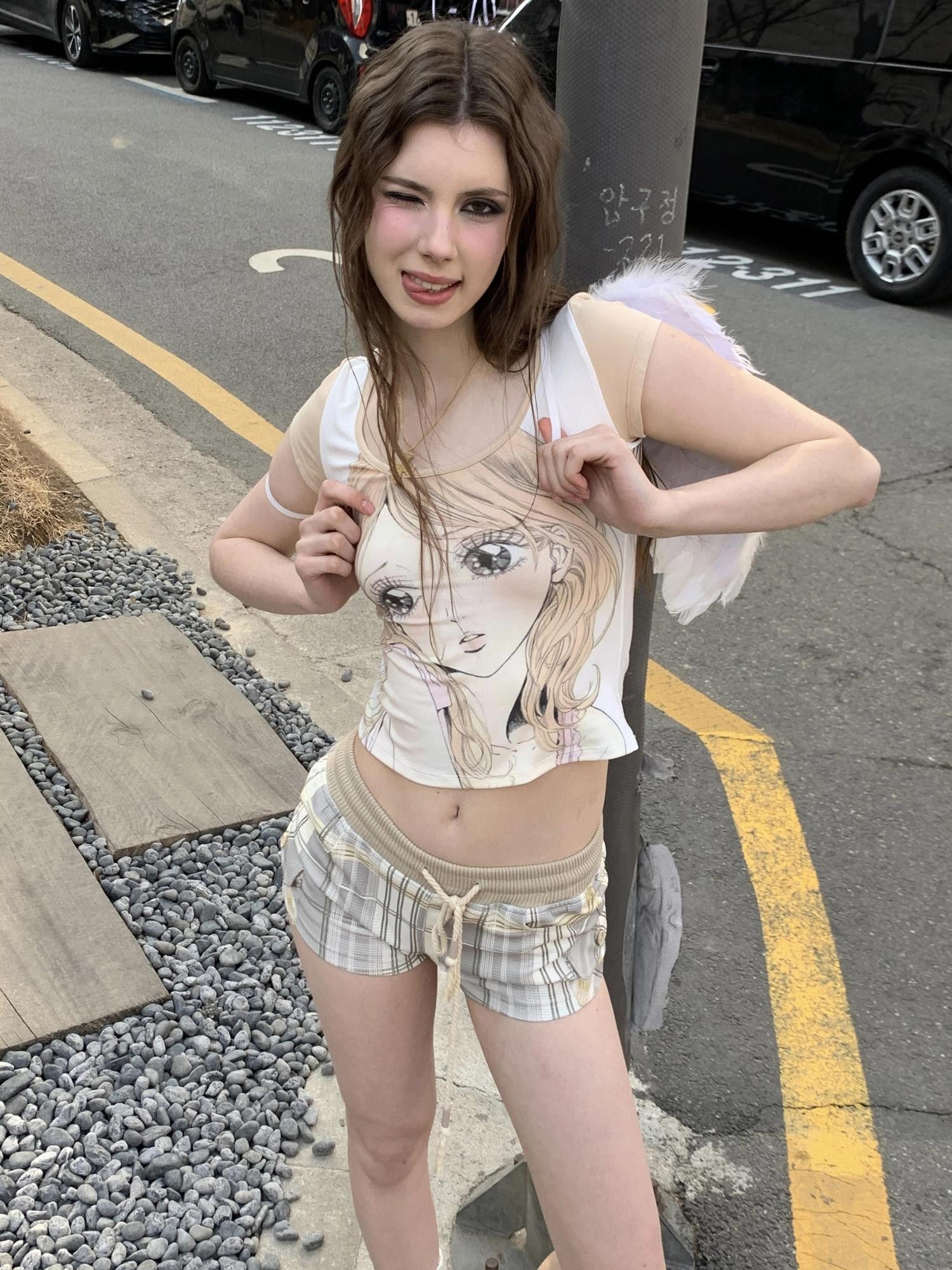 UNIVERSE Vintage Anime Portrait Cross Print Women's Cotton Spandex Crop Tops