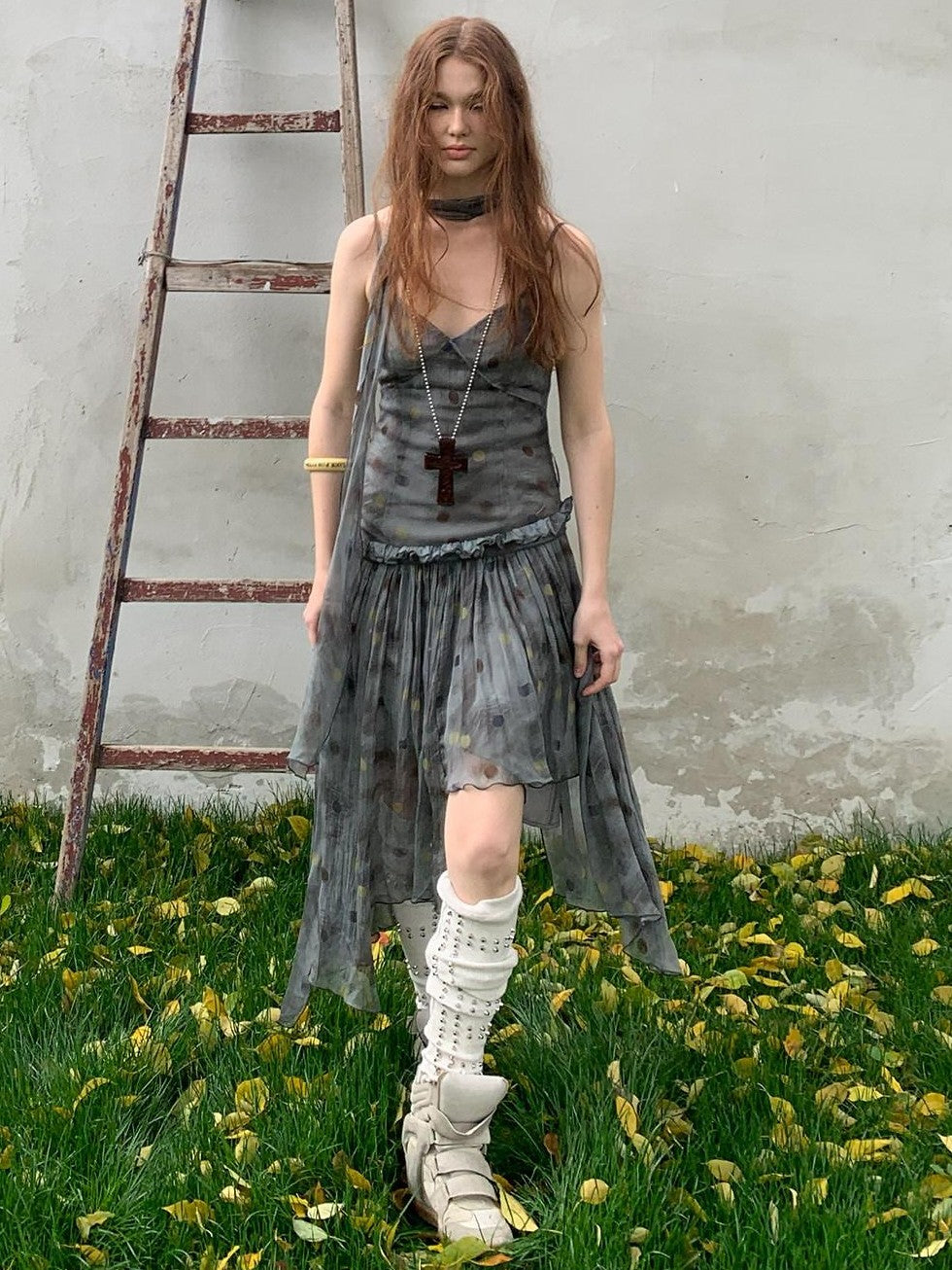 UNIVERSE Vintage Ballet Gray Blue Polka Asymmetrical Hem Women's Rayon Slip Midi Dresses