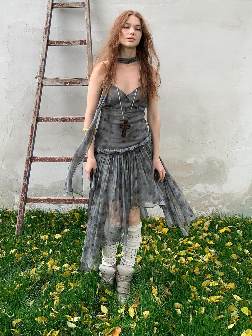 UNIVERSE Vintage Ballet Gray Blue Polka Asymmetrical Hem Women's Rayon Slip Midi Dresses