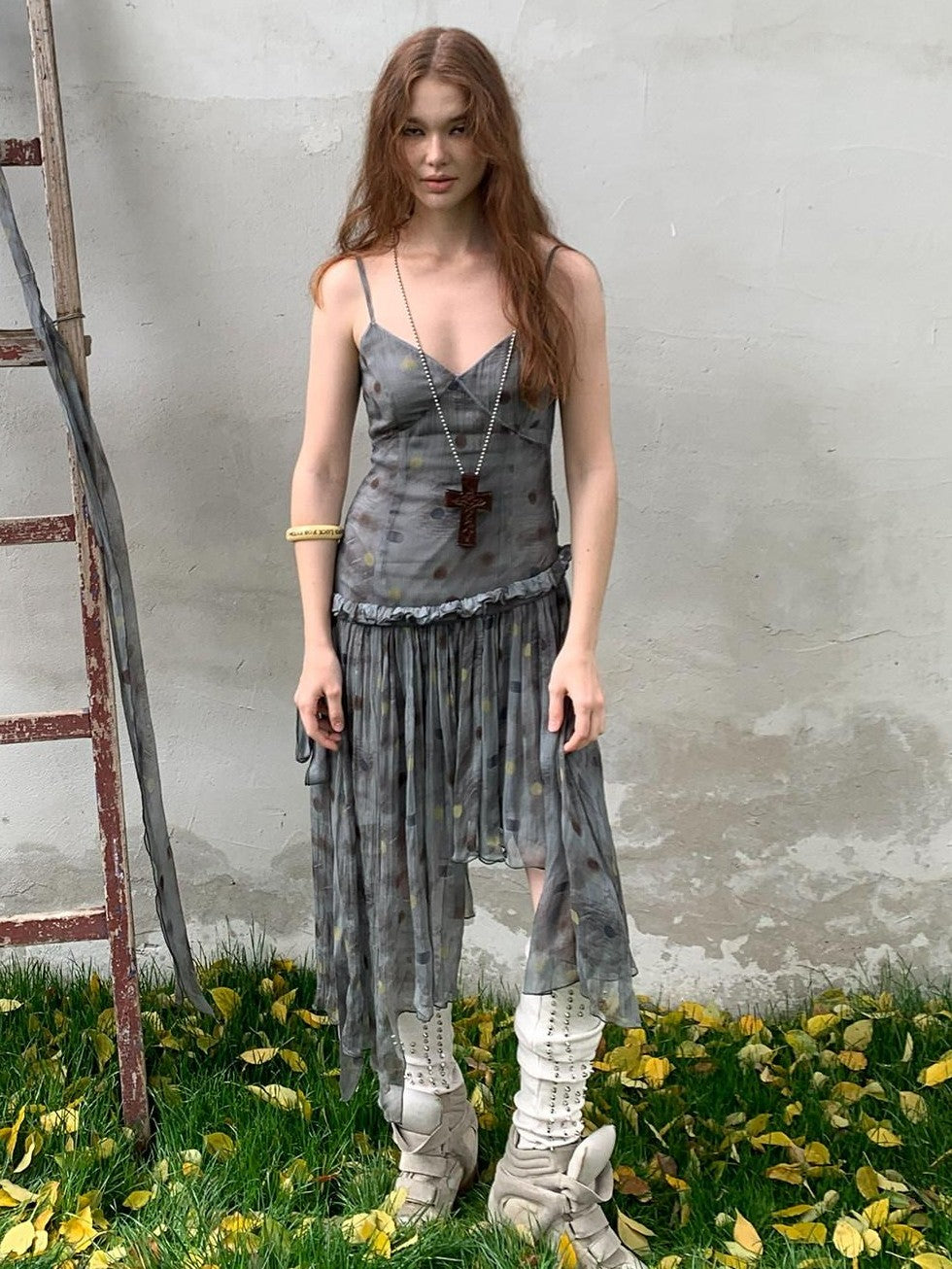 UNIVERSE Vintage Ballet Gray Blue Polka Asymmetrical Hem Women's Rayon Slip Midi Dresses