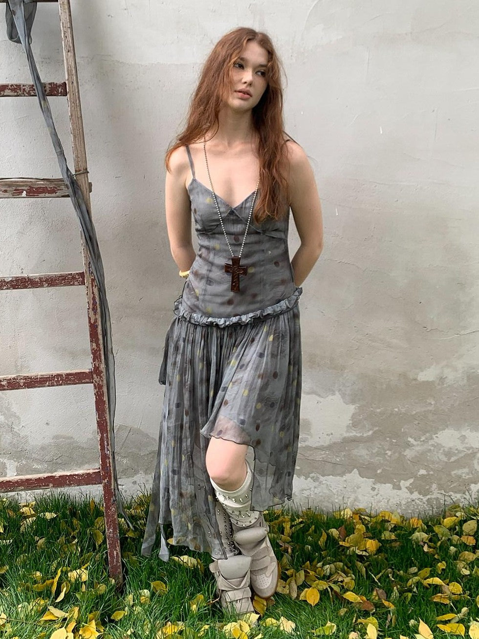 UNIVERSE Vintage Ballet Gray Blue Polka Asymmetrical Hem Women's Rayon Slip Midi Dresses