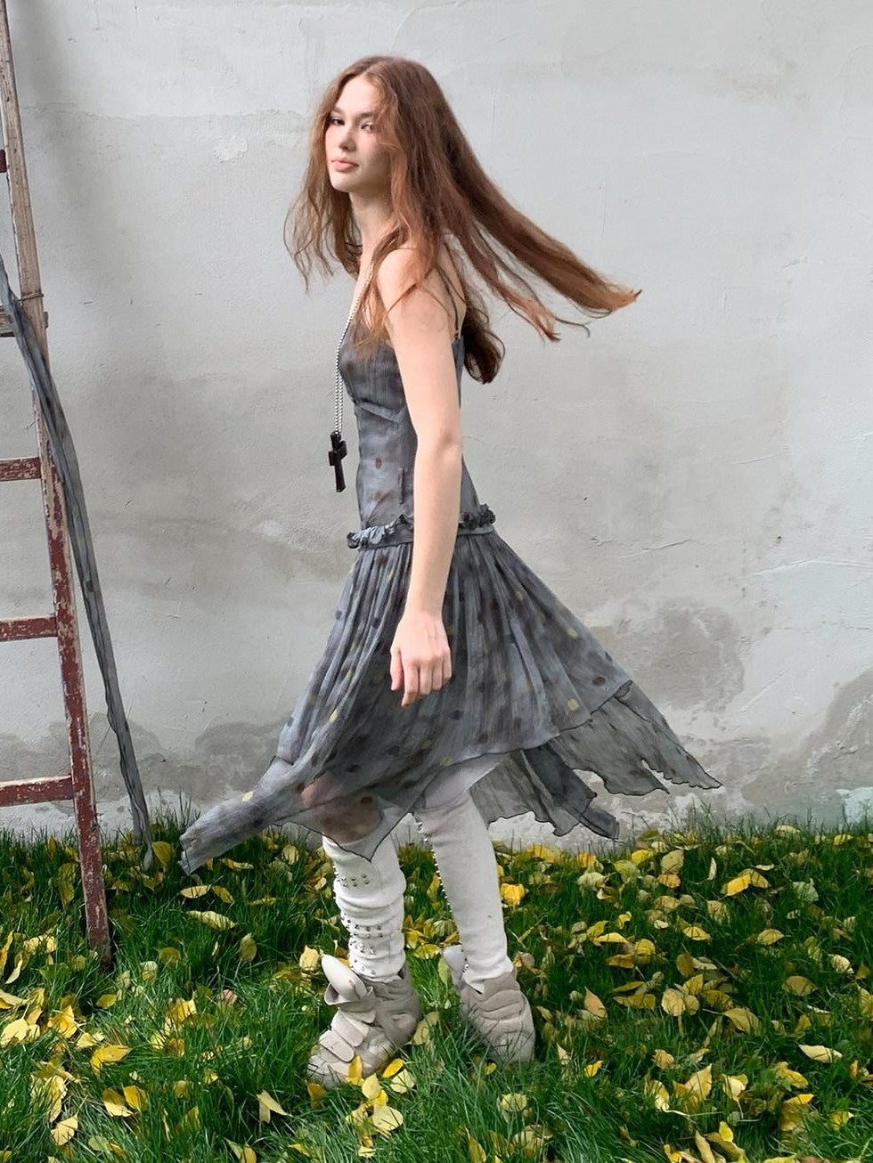 UNIVERSE Vintage Ballet Gray Blue Polka Asymmetrical Hem Women's Rayon Slip Midi Dresses
