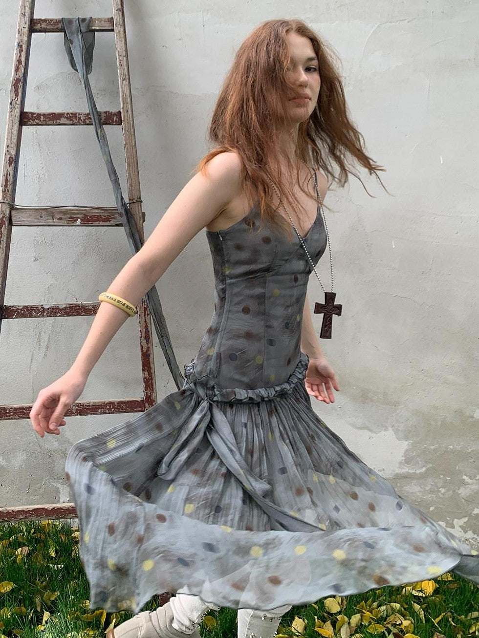 UNIVERSE Vintage Ballet Gray Blue Polka Asymmetrical Hem Women's Rayon Slip Midi Dresses