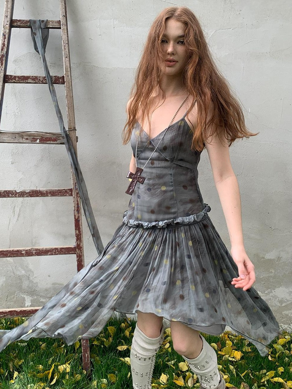 UNIVERSE Vintage Ballet Gray Blue Polka Asymmetrical Hem Women's Rayon Slip Midi Dresses