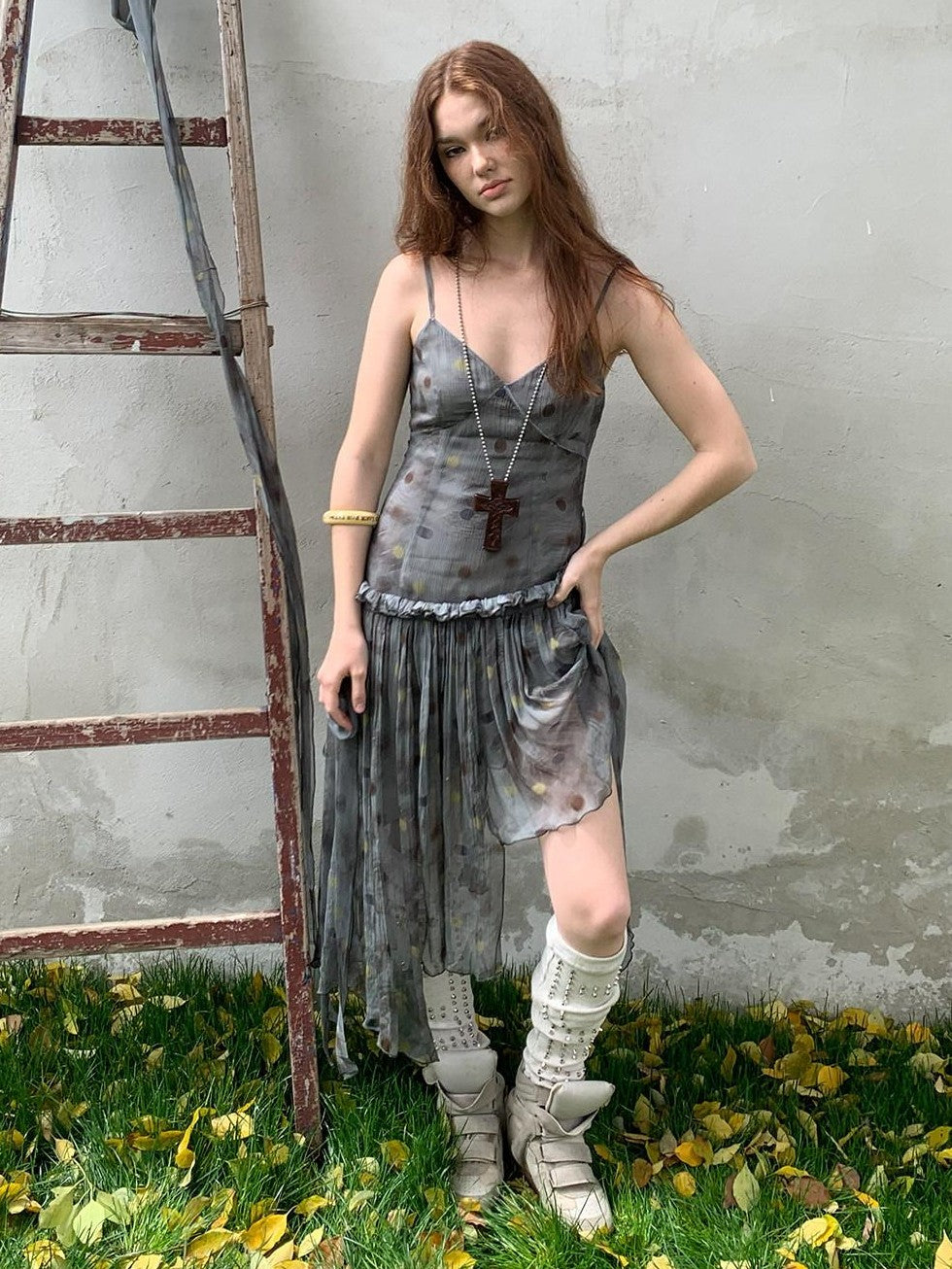 UNIVERSE Vintage Ballet Gray Blue Polka Asymmetrical Hem Women's Rayon Slip Midi Dresses
