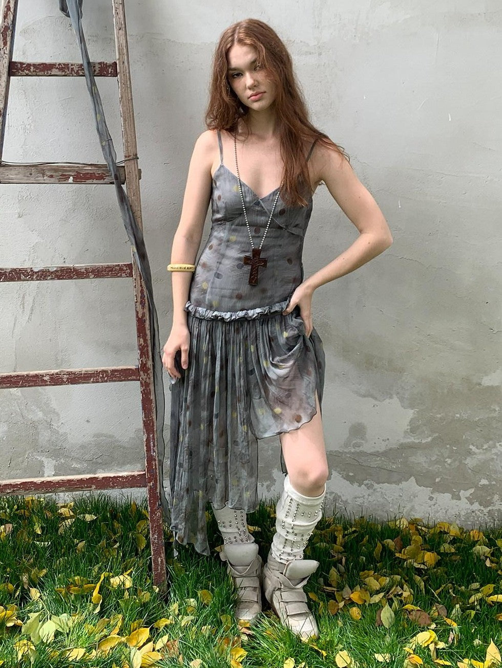 UNIVERSE Vintage Ballet Gray Blue Polka Asymmetrical Hem Women's Rayon Slip Midi Dresses