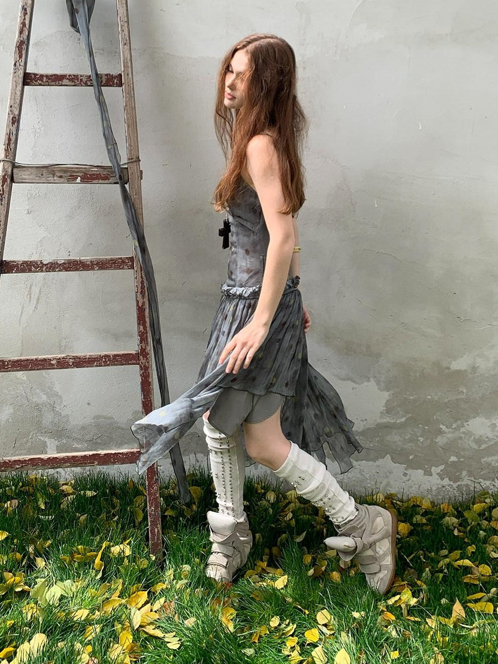 UNIVERSE Vintage Ballet Gray Blue Polka Asymmetrical Hem Women's Rayon Slip Midi Dresses