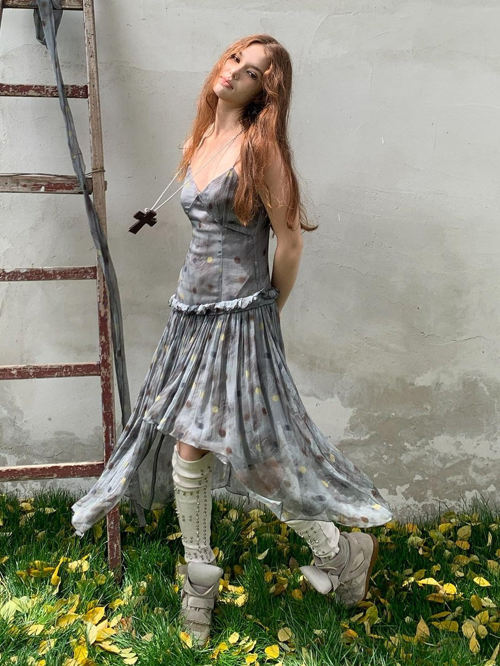UNIVERSE Vintage Ballet Gray Blue Polka Asymmetrical Hem Women's Rayon Slip Midi Dresses