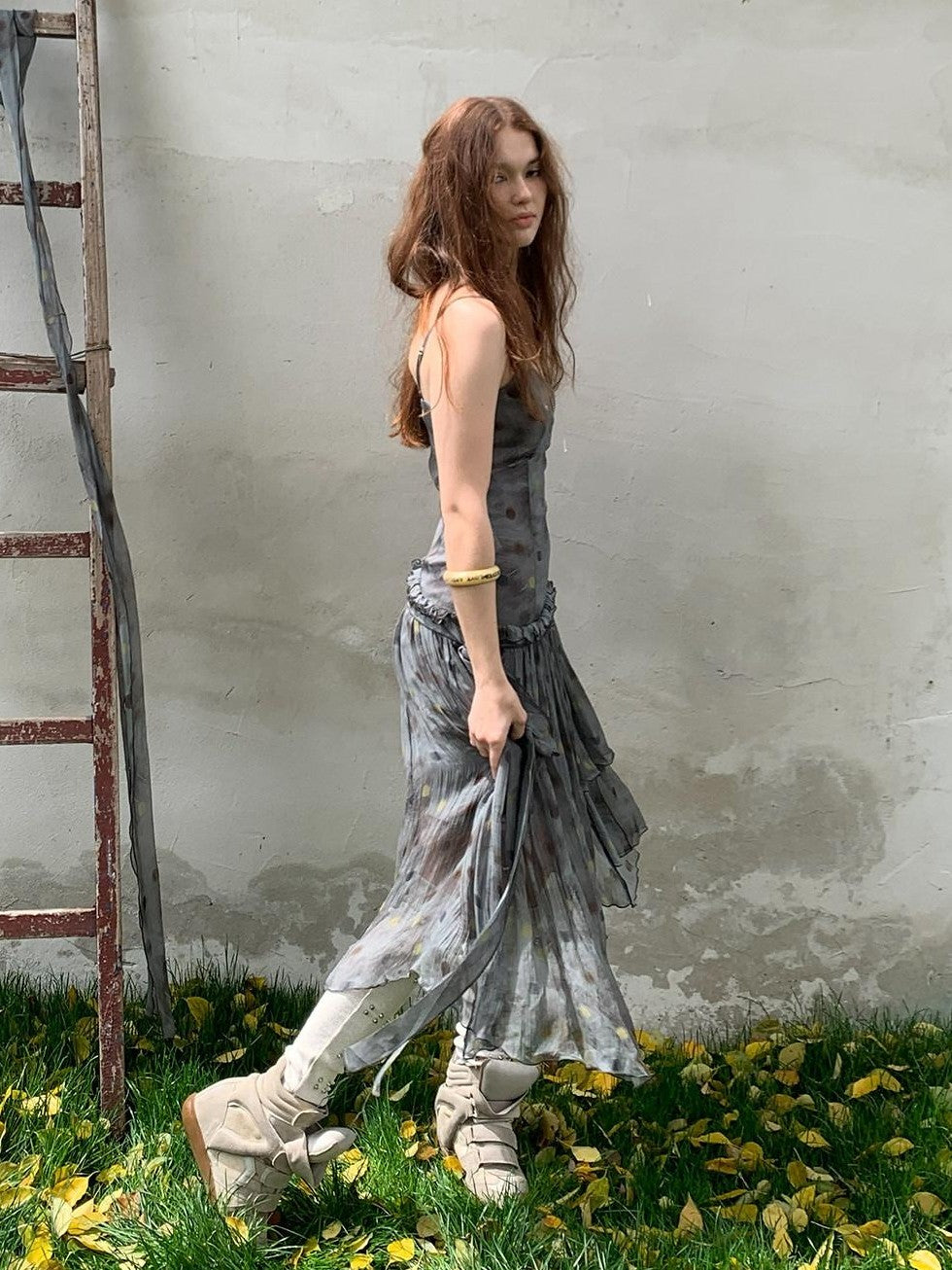 UNIVERSE Vintage Ballet Gray Blue Polka Asymmetrical Hem Women's Rayon Slip Midi Dresses
