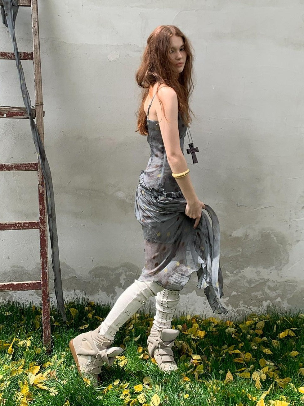 UNIVERSE Vintage Ballet Gray Blue Polka Asymmetrical Hem Women's Rayon Slip Midi Dresses