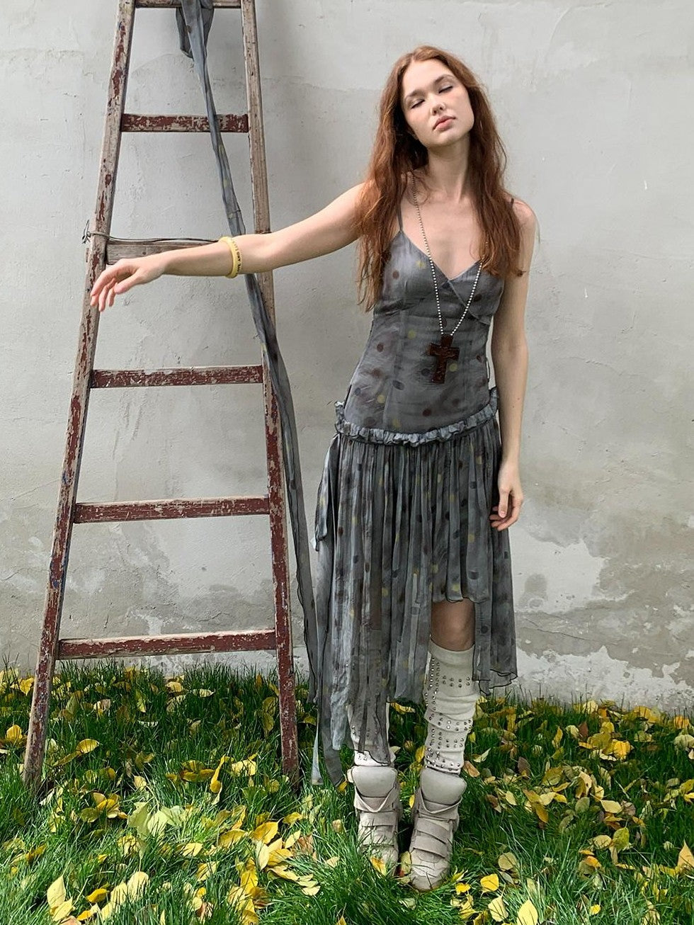 UNIVERSE Vintage Ballet Gray Blue Polka Asymmetrical Hem Women's Rayon Slip Midi Dresses