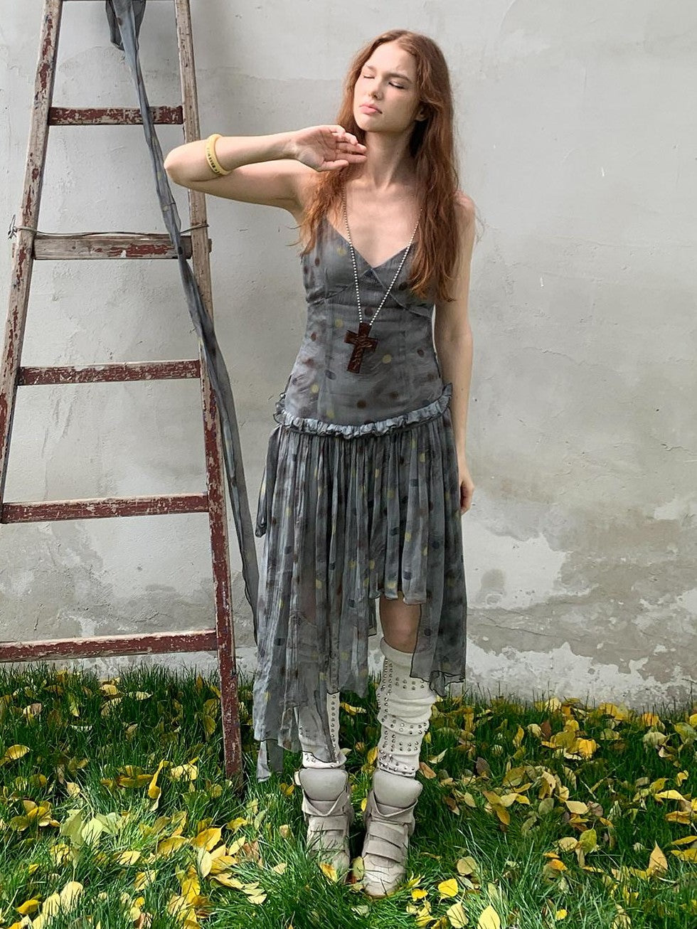 UNIVERSE Vintage Ballet Gray Blue Polka Asymmetrical Hem Women's Rayon Slip Midi Dresses