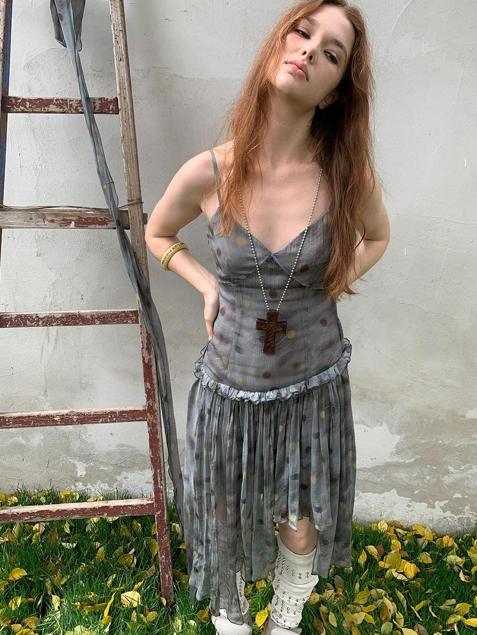UNIVERSE Vintage Ballet Gray Blue Polka Asymmetrical Hem Women's Rayon Slip Midi Dresses