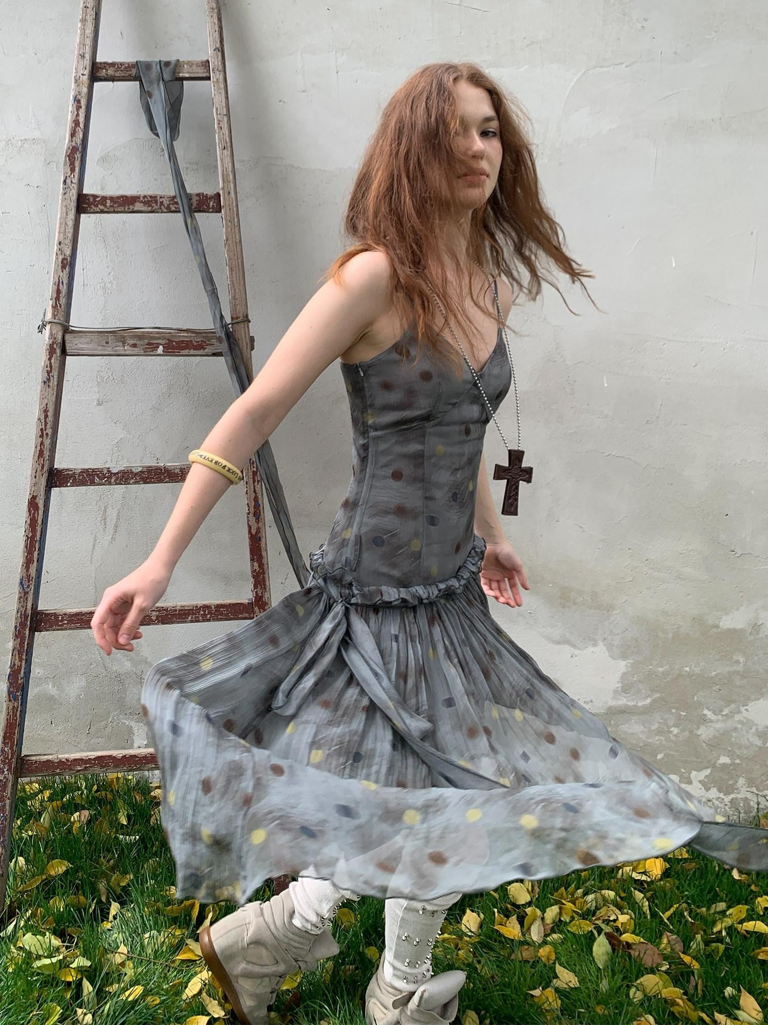 UNIVERSE Vintage Ballet Gray Blue Polka Asymmetrical Hem Women's Rayon Slip Midi Dresses
