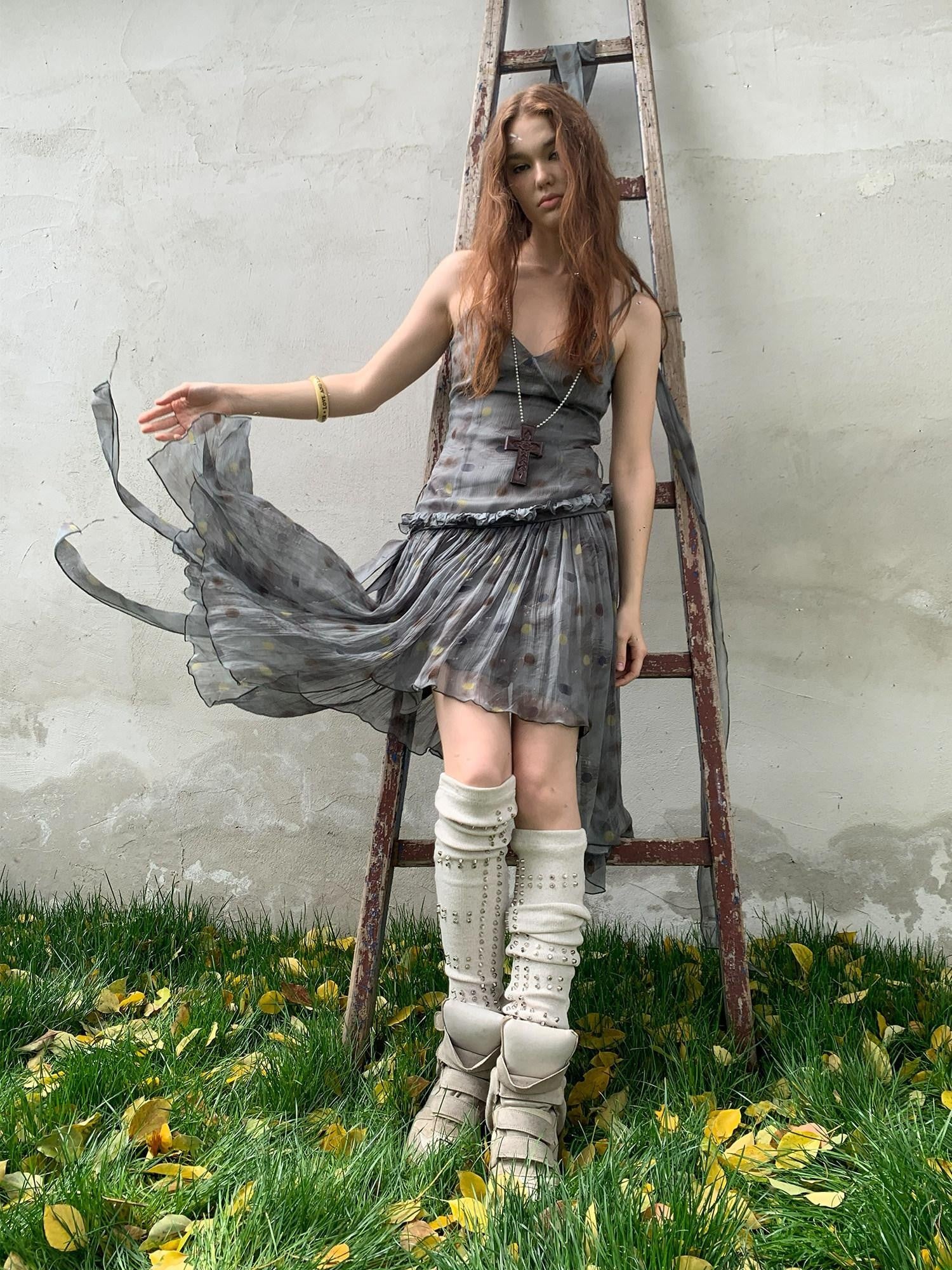 UNIVERSE Vintage Ballet Gray Blue Polka Asymmetrical Hem Women's Rayon Slip Midi Dresses