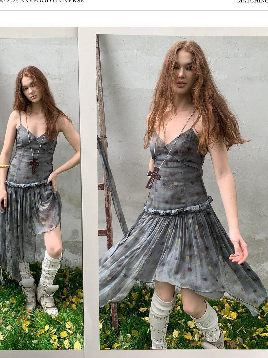 UNIVERSE Vintage Ballet Gray Blue Polka Asymmetrical Hem Women's Rayon Slip Midi Dresses