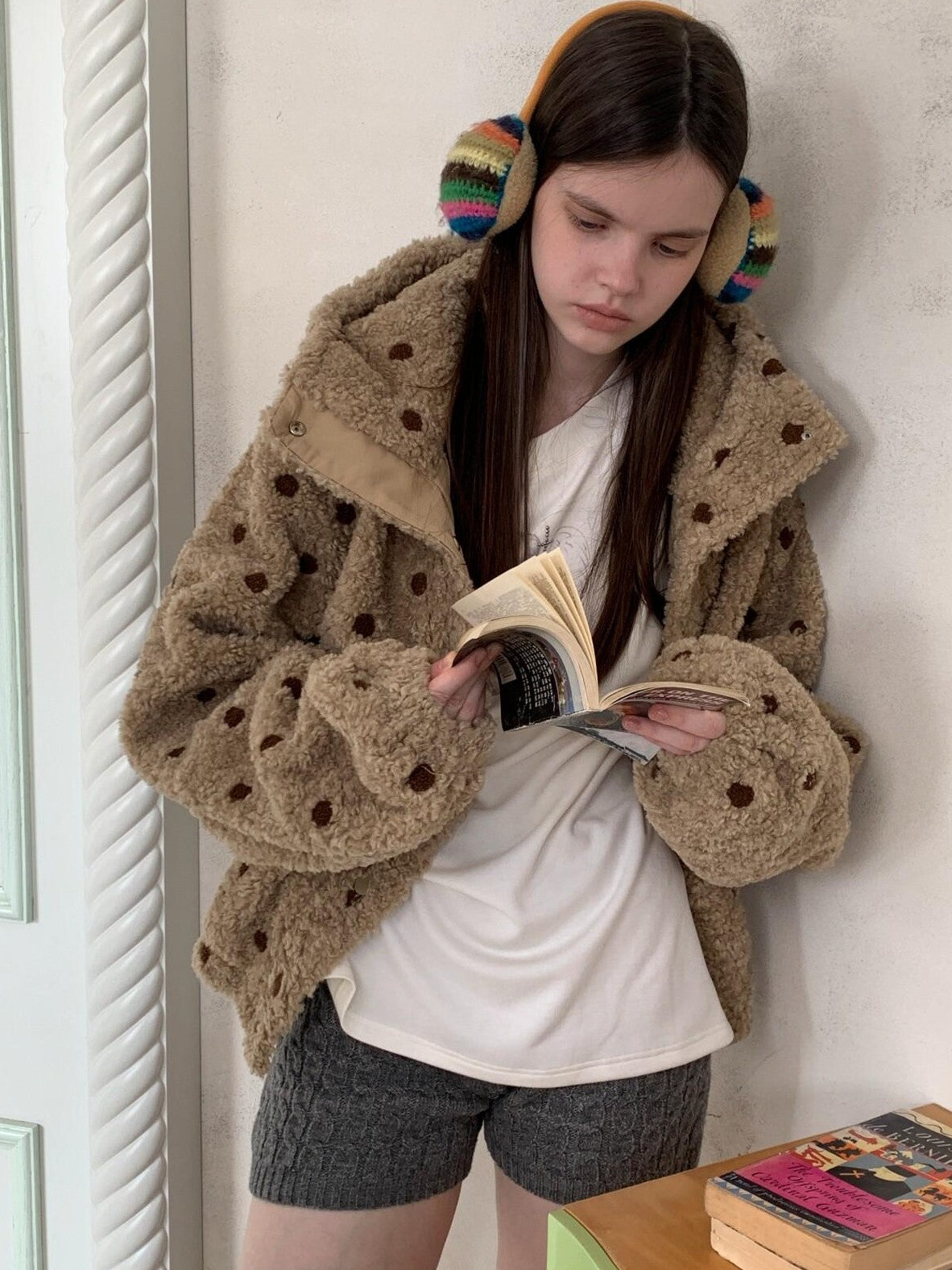 UNIVERSE Vintage Barn Style Polka Dot Hooded Relaxed Women's Polyester Fleece Jackets
