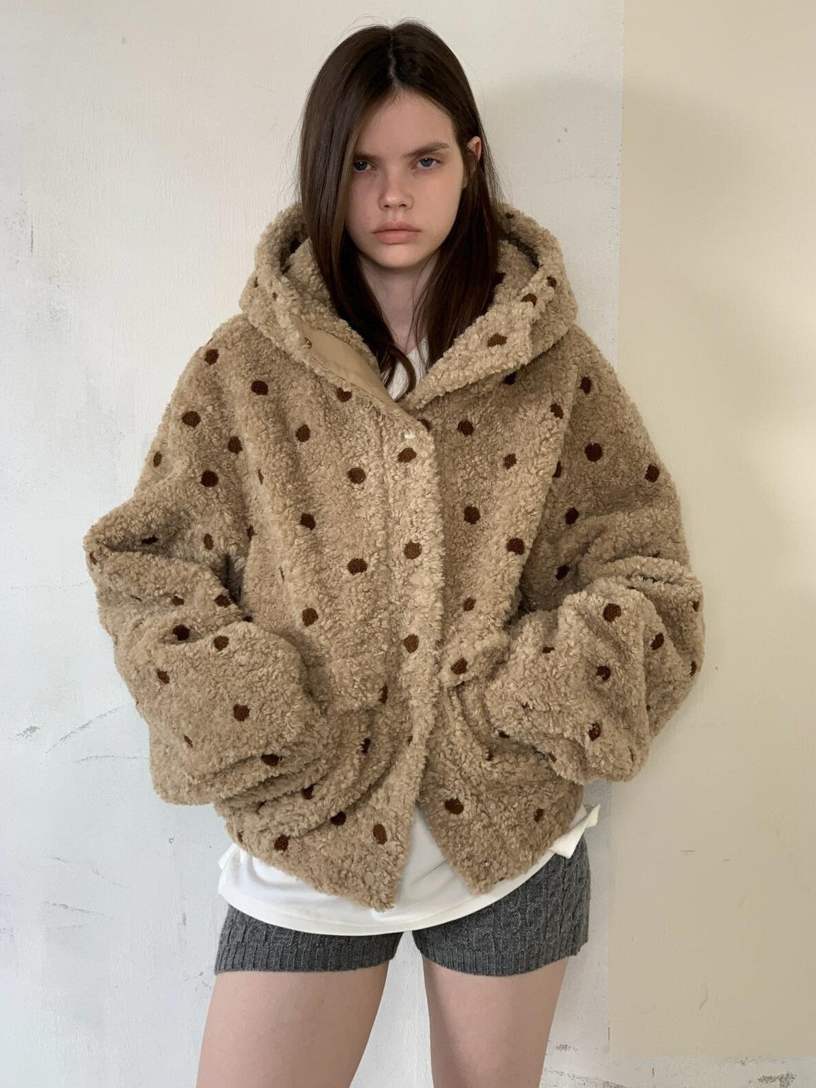 UNIVERSE Vintage Barn Style Polka Dot Hooded Relaxed Women's Polyester Fleece Jackets