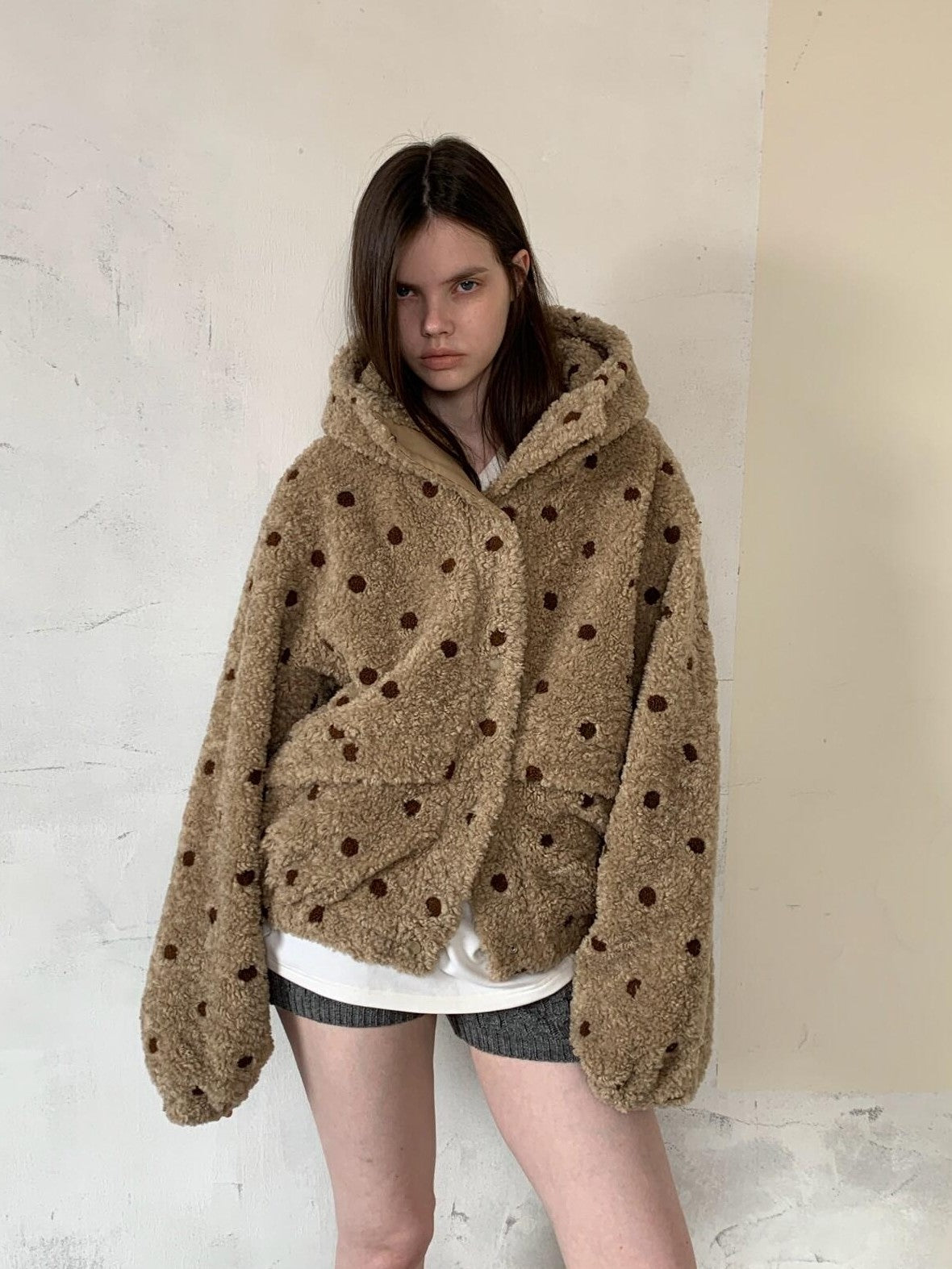 UNIVERSE Vintage Barn Style Polka Dot Hooded Relaxed Women's Polyester Fleece Jackets