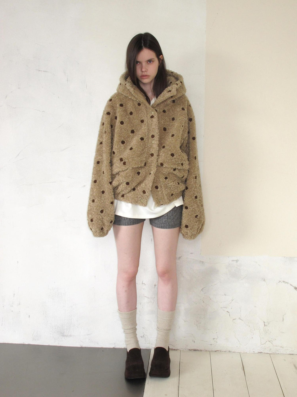 UNIVERSE Vintage Barn Style Polka Dot Hooded Relaxed Women's Polyester Fleece Jackets
