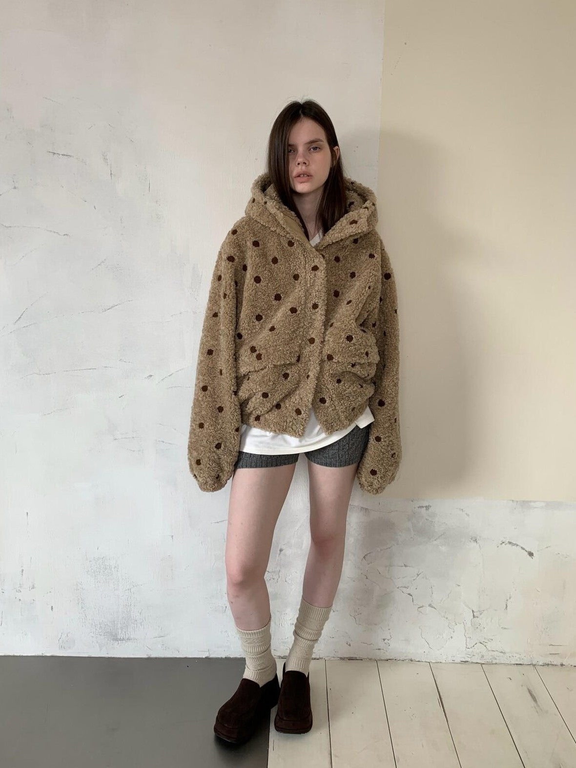 UNIVERSE Vintage Barn Style Polka Dot Hooded Relaxed Women's Polyester Fleece Jackets