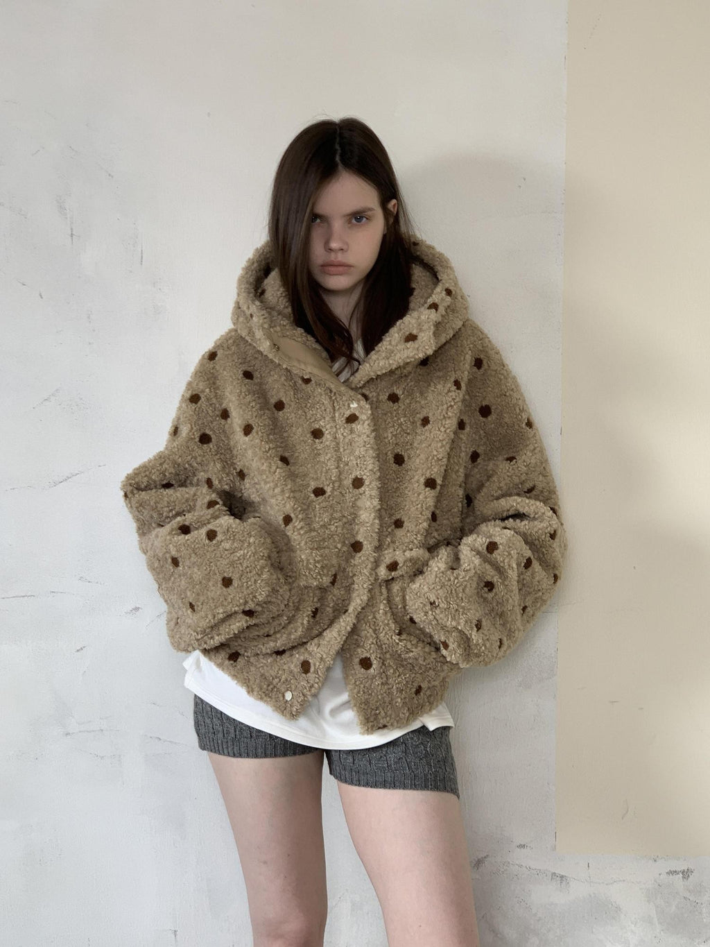UNIVERSE Vintage Barn Style Polka Dot Hooded Relaxed Women's Polyester Fleece Jackets
