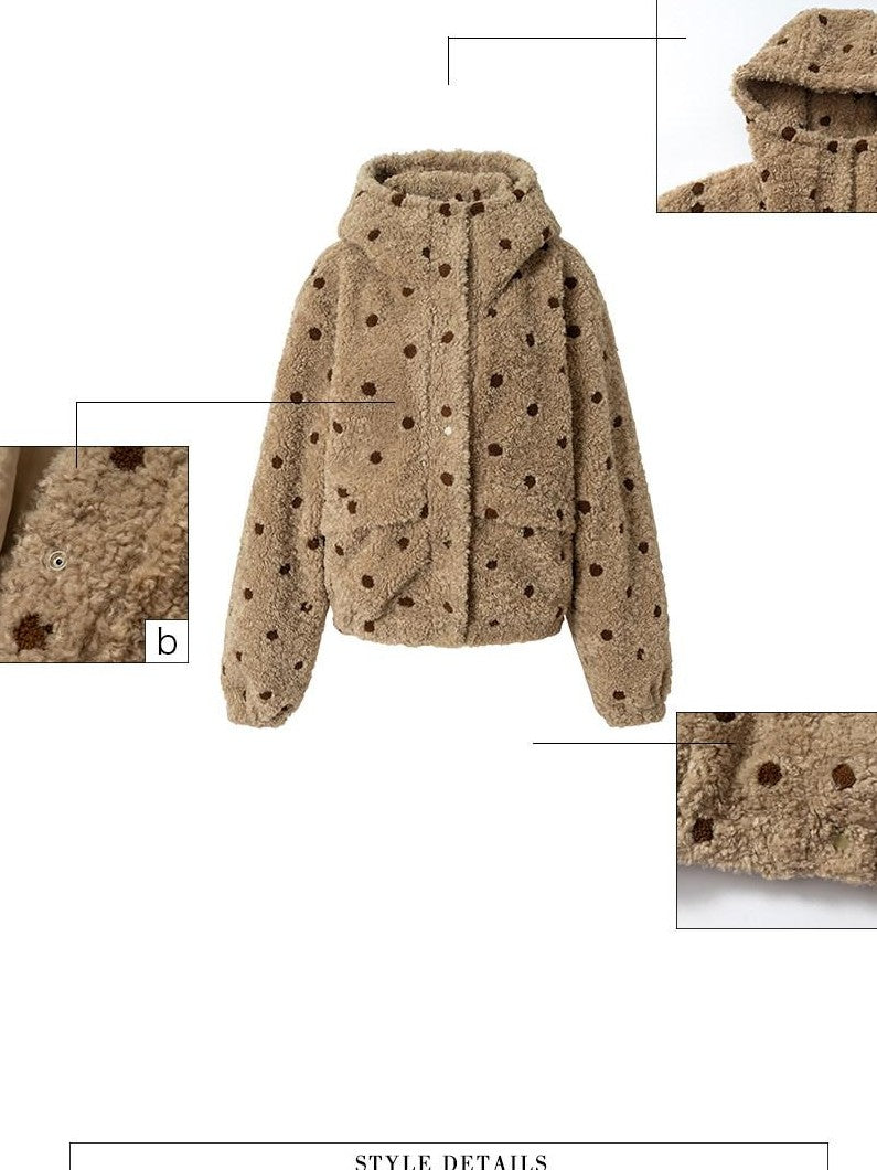 UNIVERSE Vintage Barn Style Polka Dot Hooded Relaxed Women's Polyester Fleece Jackets