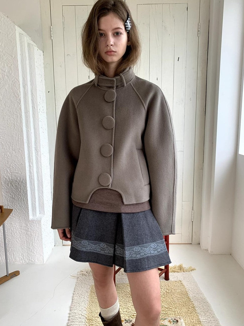 UNIVERSE Vintage Button Double Faced Wool Women's Short Wool Coats