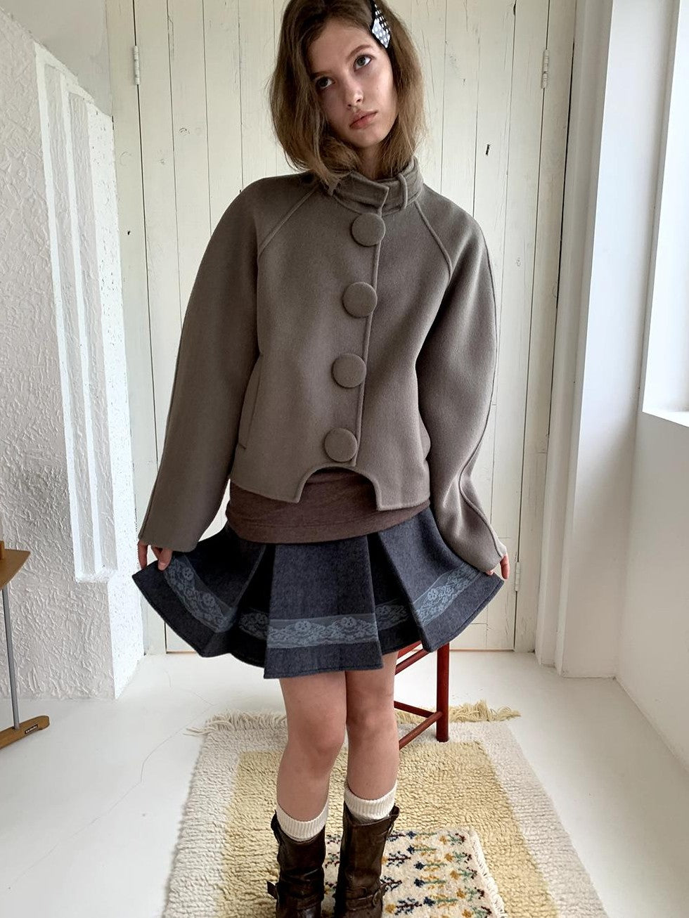 UNIVERSE Vintage Button Double Faced Wool Women's Short Wool Coats