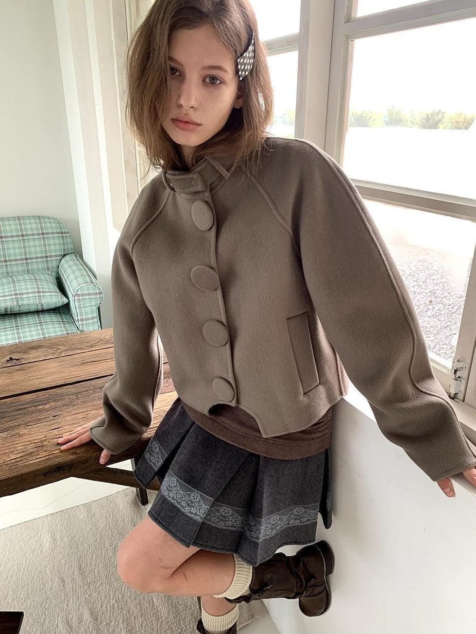 UNIVERSE Vintage Button Double Faced Wool Women's Short Wool Coats