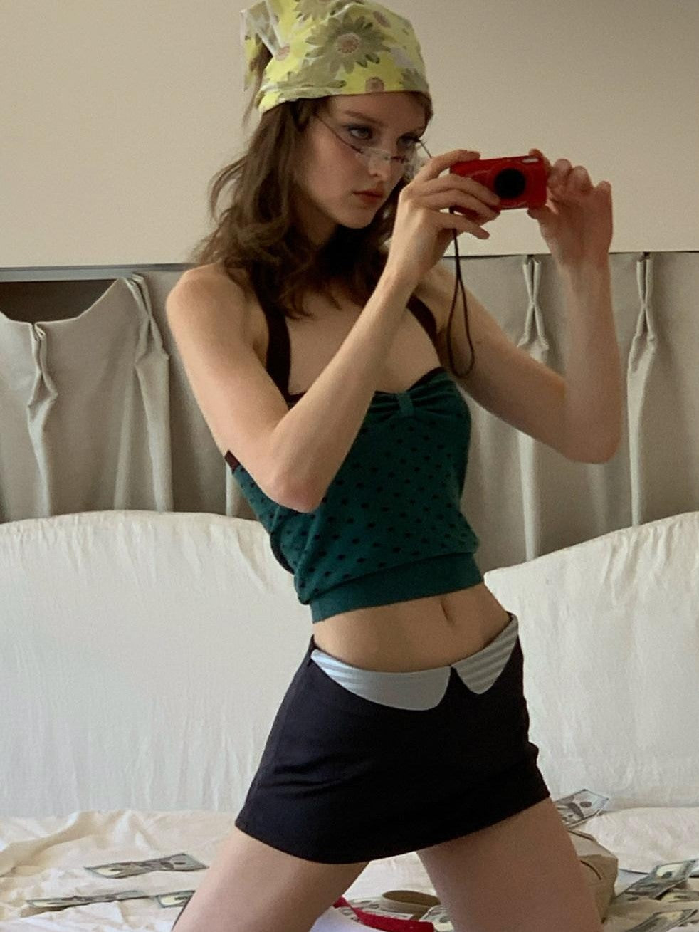 UNIVERSE Vintage Dark Green Polka Dot Slim Fit Women's Cotton Halter Tops