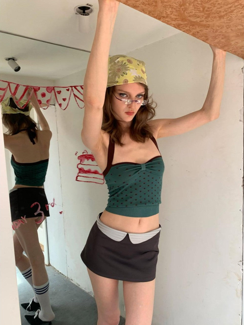 UNIVERSE Vintage Dark Green Polka Dot Slim Fit Women's Cotton Halter Tops