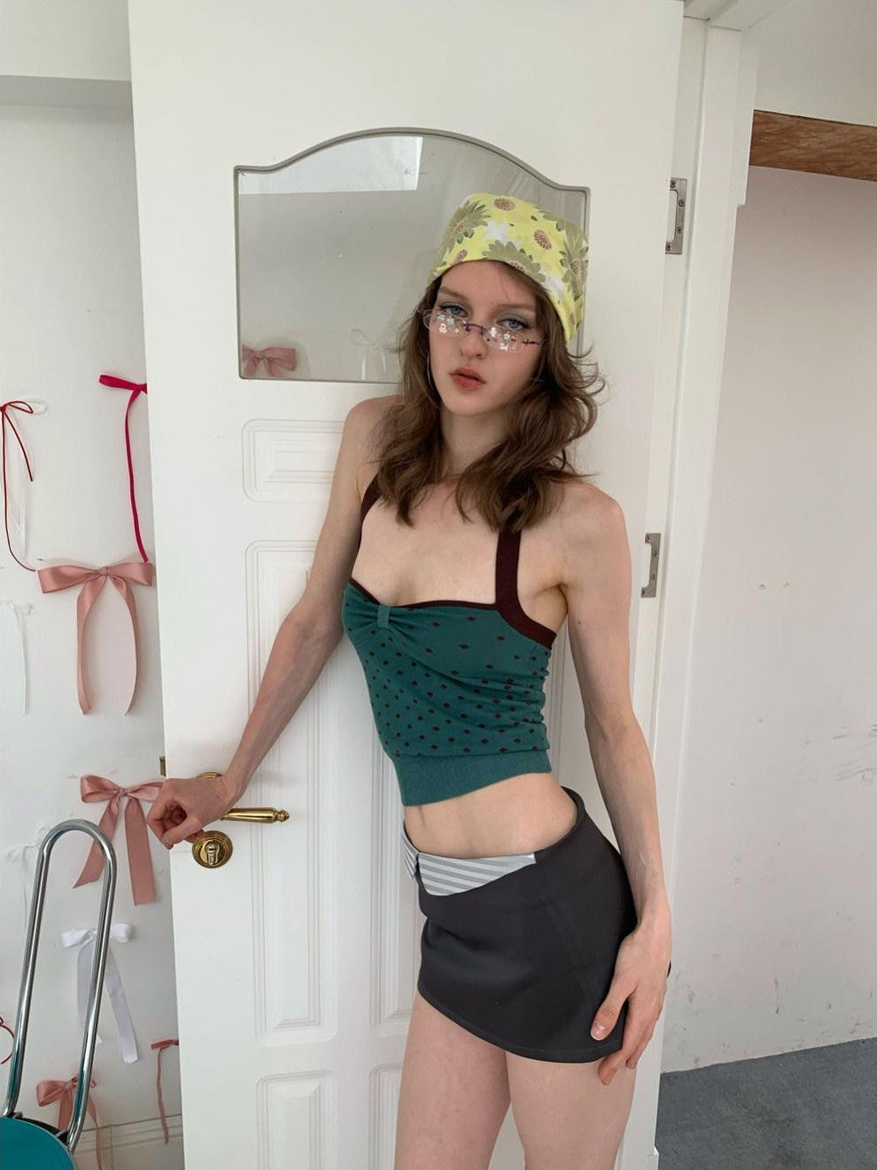 UNIVERSE Vintage Dark Green Polka Dot Slim Fit Women's Cotton Halter Tops