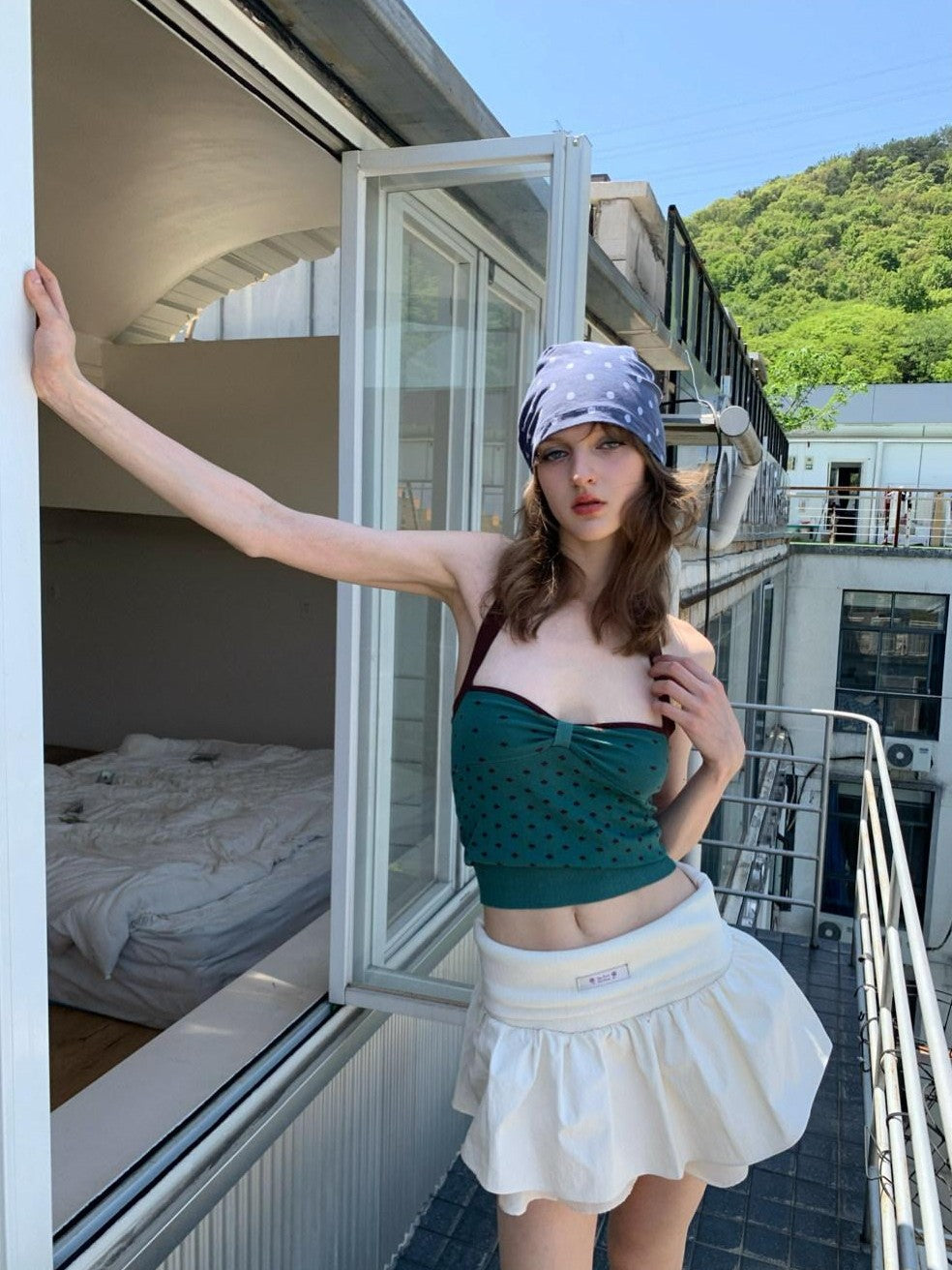 UNIVERSE Vintage Dark Green Polka Dot Slim Fit Women's Cotton Halter Tops