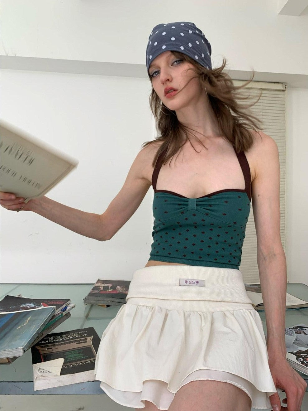 UNIVERSE Vintage Dark Green Polka Dot Slim Fit Women's Cotton Halter Tops