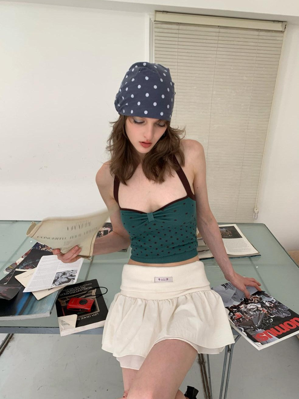 UNIVERSE Vintage Dark Green Polka Dot Slim Fit Women's Cotton Halter Tops