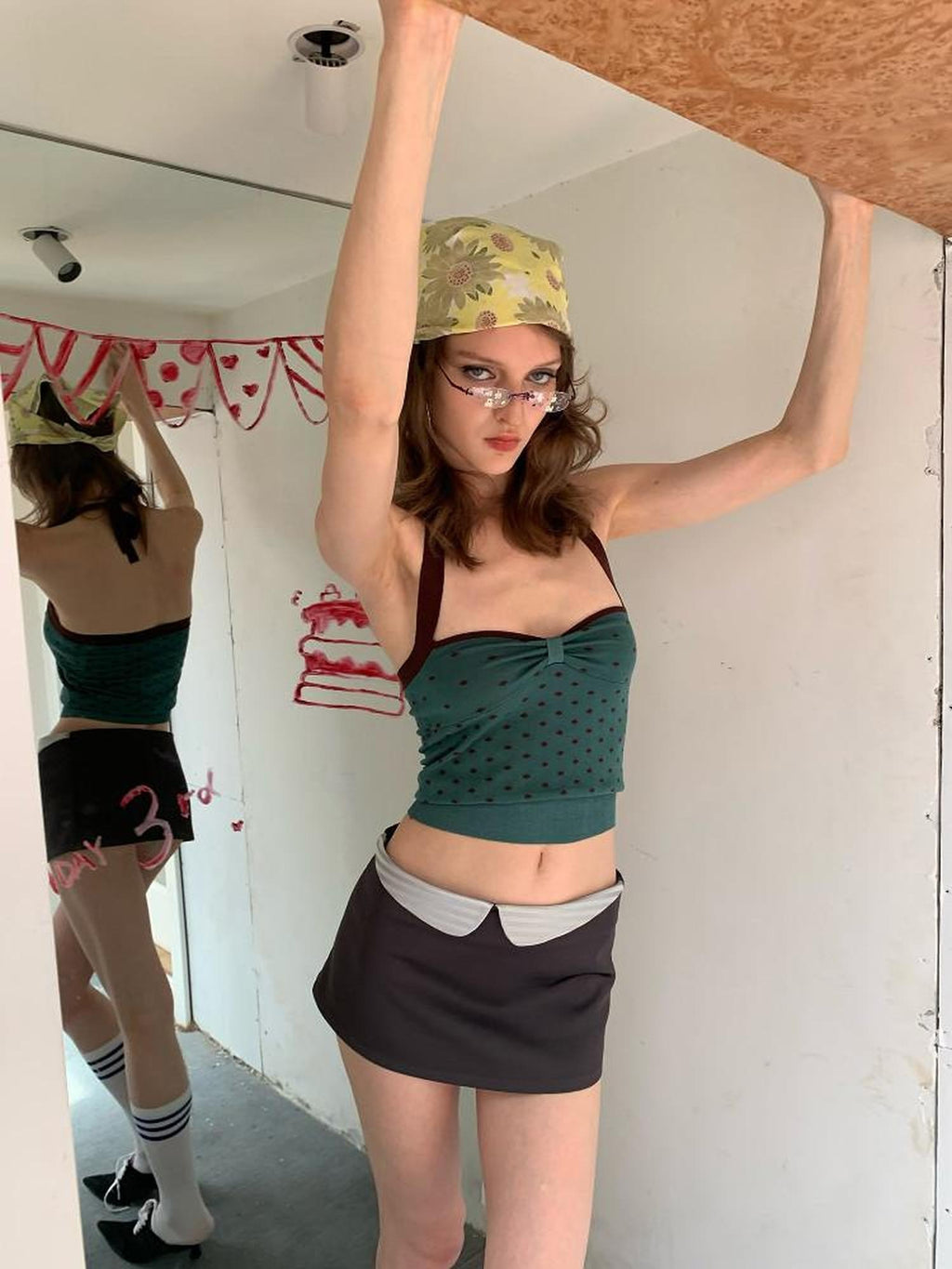UNIVERSE Vintage Dark Green Polka Dot Slim Fit Women's Cotton Halter Tops