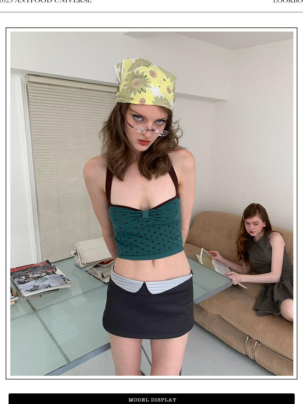 UNIVERSE Vintage Dark Green Polka Dot Slim Fit Women's Cotton Halter Tops