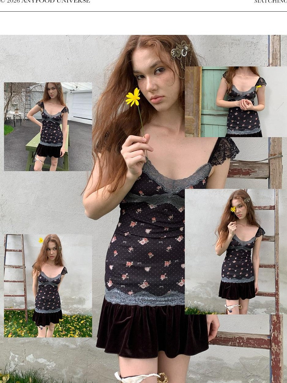 UNIVERSE Vintage Floral Lace Patchwork Flutter Sleeve Waist Women's Casual Mini Dresses