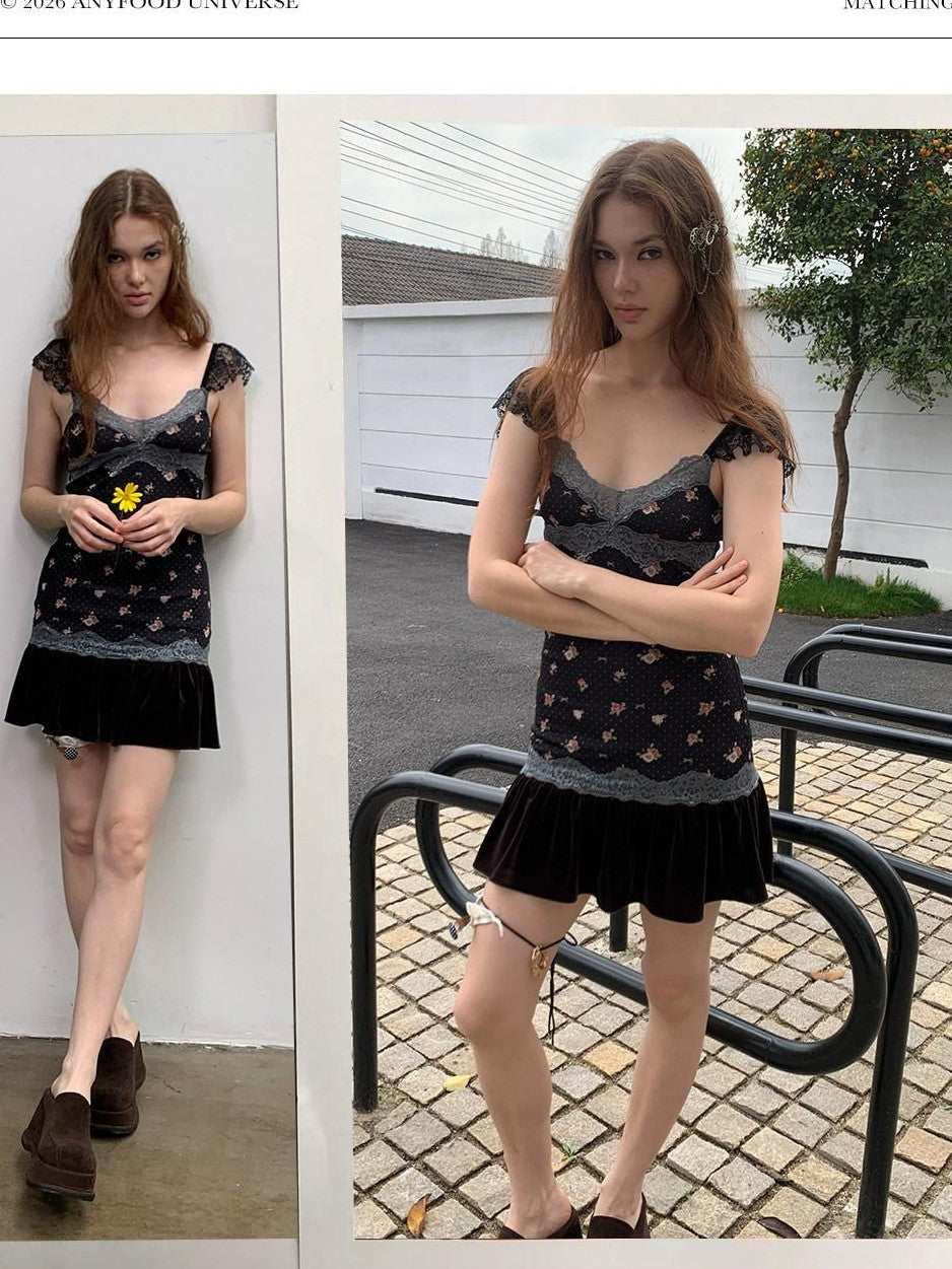 UNIVERSE Vintage Floral Lace Patchwork Flutter Sleeve Waist Women's Casual Mini Dresses