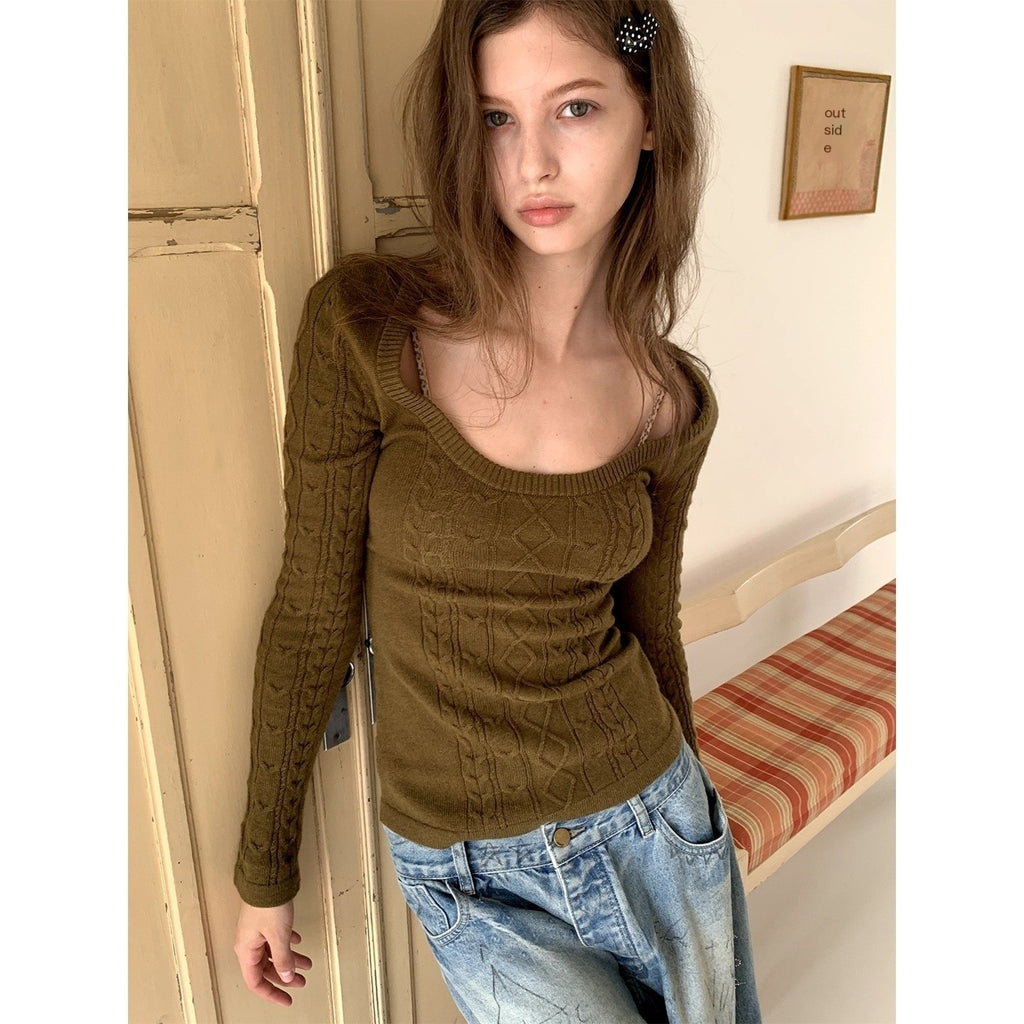 UNIVERSE_Vintage_Olive_Green_Jacquard_U_Neck_Long_Sleeve_Women's_Knit_Sweaters_1086958406116_MISSTT