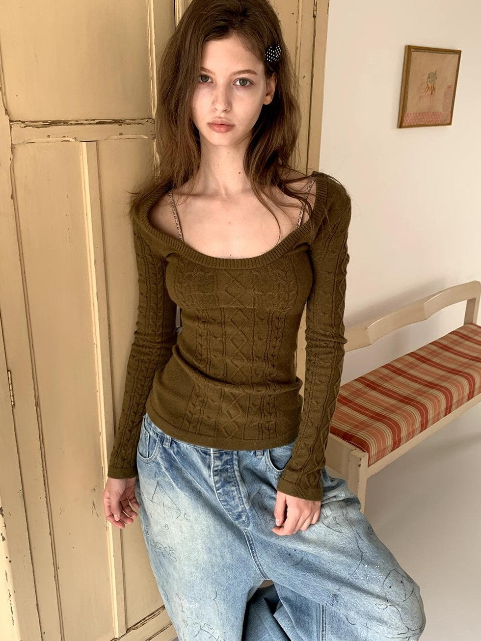 UNIVERSE Vintage Olive Green Jacquard U Neck Long Sleeve Women's Knit Sweaters