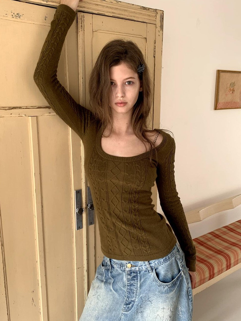 UNIVERSE Vintage Olive Green Jacquard U Neck Long Sleeve Women's Knit Sweaters